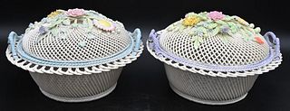Pair of Large Belleek Round Covered Baskets, each having encrusted flower top, twig handles, four strand, impressed mark on bottom, height 6 inches, d