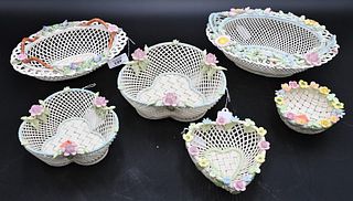Group of Six Belleek Baskets, each having painted flowers, two with twig handles, one is a three strand, marked 140th Anniversary, the rest four stran