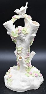 Belleek Figural Porcelain Birds in a Tree Vase, or Flower Frog, having painted flowers and leaves, brown mark on bottom, height 12 inches. Provenance: