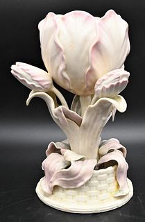 Belleek Triple Tulip Center Vase, having painted flower form, black mark on bottom, repaired, height 12 inches. Provenance: Collections of Norma Reill