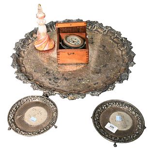 Five Piece Lot, to include ships compass; two sterling silver footed small trays; cut overlay bottle, height 9 inches; along with a large round silver