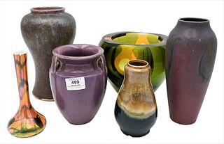 Group of Six Vases, to include Fulper pottery vase in purple glaze, height 6 1/2 inches; a small vase marked 951, height 6 inches; art glass vase mark