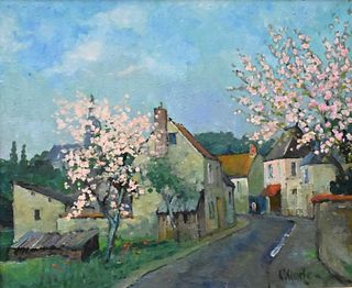 Constantin Kluge (1912 - 2003), street scene with blossoming trees, oil on canvas, signed lower right C Kluge, 19" x 23 1/2".