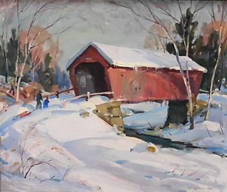 Leo B. Blake (American, 1887 - 1976), snowscape with barn and figures, oil on canvas, 20" x 24".
