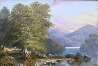 Henry Thomas Dawson (United Kingdom 1860 - 1896), mountainous landscape on lake, oil on board, signed lower right, 12" x 18".