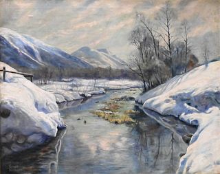 Gerard Johnson, mountainous snowscape with river, oil on canvas, signed lower left Gerard Johnson, 30" x 38 1/2".