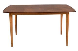 Mid Century Teak Dining Table, having two 13 1/2" leaves, opens to 35" x 80", closed 35" x 53", height 28 inches.