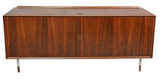 George Tanier Rosewood HiFi Unit, having tambour doors, signed George Tanier by Sibast, height 30 inches, length 72 inches, depth 24 inches.