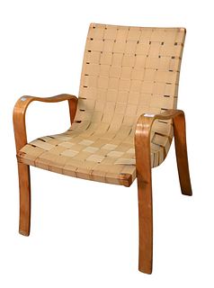 Thonet Chair, in the manner of Alvar Aalto, having wood frame and fabric strap, height 34 1/2 inches, width 24 inches.