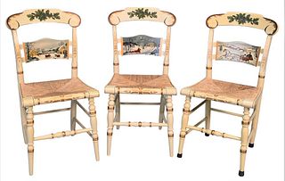 Three Limited Edition Christmas Hitchcock Side Chairs, all having rush seats, years 1990, #477/2000; 1986; 1808/2000; along with 1989 #187/2000. Prove