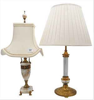 Two Table Lamps, to include alabaster with brass mounts; and a crystal and brass lamp; height 28 inches.