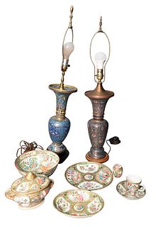 Rose Medallion Group, to include a bowl, small covered tureen, cups and plates, and two cloisonne vases made into table lamps; tallest 32 1/2 inches.