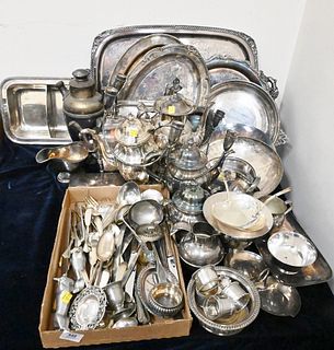 Large Group of Silver Plate, to include teapot, trays, serving pieces, flatware, etc.