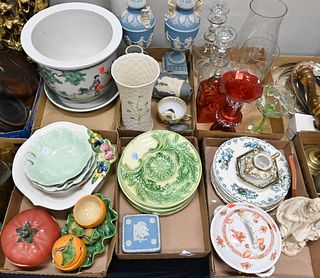 Six Tray Lots, to include glass decanters, Herend tureen, Wedgewood urns (as is), Chinese pot, Majolica oyster plates, etc