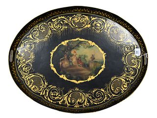 Victorian Painted Tole Tray, having painted landscape center, along with a white painted Greek revival building with dome top, width 22 inches, length
