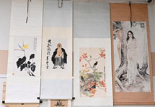 Six Chinese Scrolls, to include one of nude woman, three with birds, one of characters and one with laughing man, largest image size 48" x 22".
