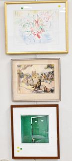 Large Framed Lot, to include a pen and ink drawing of "Enrico Liberti"; Baltimore, signed Aaron Sopher; a watercolor on paper of a street scene, signe