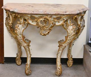 Louis XV Pier Table, having shaped marble top with parcel gilt and light green paint, pierce carved skirt, and carved legs, 18th century, height 35 in