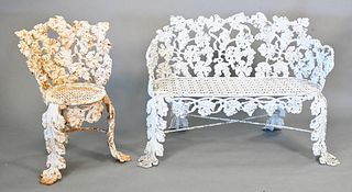 Iron Two-Piece Outdoor Set, to include bench with grape and leaf motif and openwork seat; along with a matching chair; height 31 inches, width 41 inch