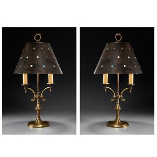 Chic pair candelabra lamps, jeweled brass shades