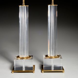 Nice pair brass mounted lucite column lamps