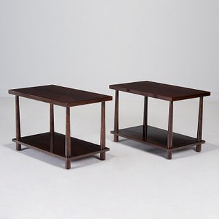 T.H. Robsjohn-Gibbings, pair mahogany side tables