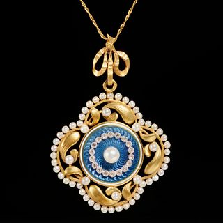Edwardian gold, pearl and guilloche locket