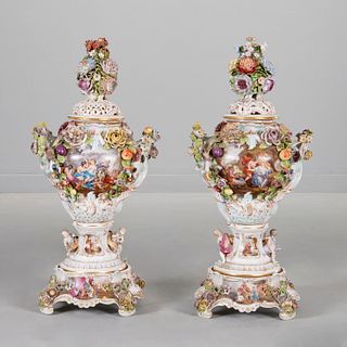 Carl Thieme, pair massive Dresden lidded urns