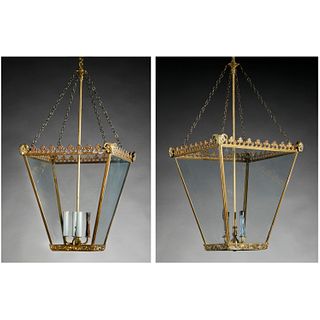 Pair Regency gilt bronze and glass hall lanterns