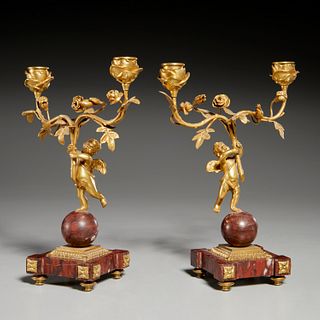 Pair gilt bronze and red marble candlesticks