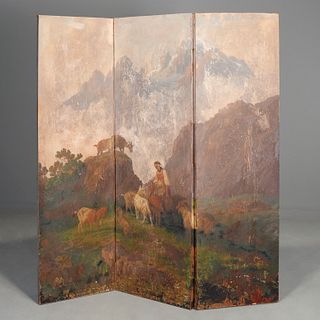 Antique Continental 3-panel painted scenic screen