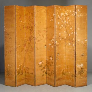 Large 8-panel Chinoiserie painted silk screen