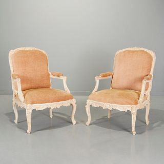 Pair Louis XV style carved and painted fauteuils
