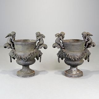 Pierre Duval (after), pair bronze garden urns
