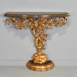 Nice Italian gilt iron and marbleized wood console