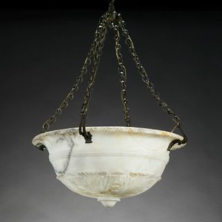 Antique alabaster and iron link dome pendant
