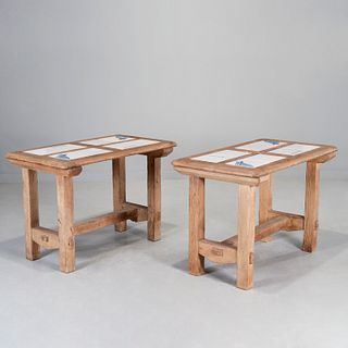 Pair French Arts & Crafts tile-inlaid oak tables