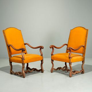 Period pair Louis XIV walnut fauteuils