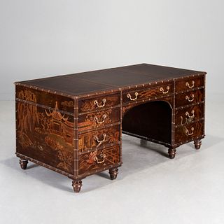 Regency style japanned double pedestal desk