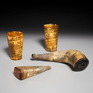 (4) pieces horn scrimshaw, incl. stirrup cups