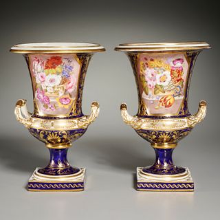 Pair Derby porcelain campana urns