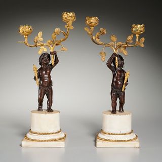 Pair French parcel gilt bronze putto candlesticks