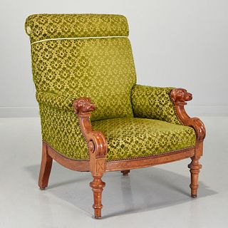 Unusual Victorian mahogany "dog arm" library chair