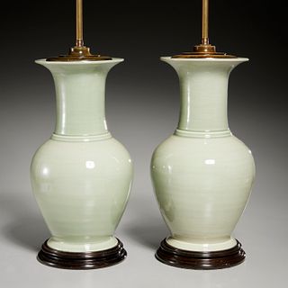 Pair Chinese celadon porcelain vase lamps