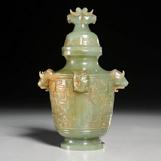 Chinese celadon jade Rams Head vase and cover