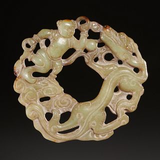 Chinese celadon jade carved plaque medallion
