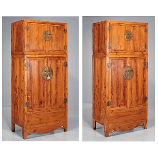 Pair Chinese hardwood compound cabinets