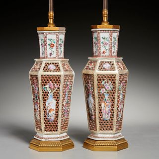 Pair Chinese Export pierced hexagonal vase lamps
