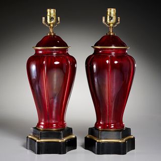 Pair Chinese flambe glazed jars converted to lamps