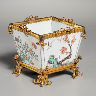 Chinese gilt bronze mounted famille rose cache pot